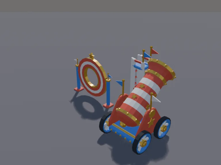 Circus Cannon Launcher: a low-poly cannon launcher: a big colourful circus cannon, its barrel its own part so it can tilt, a little ladder up to its mouth and a target ring far…