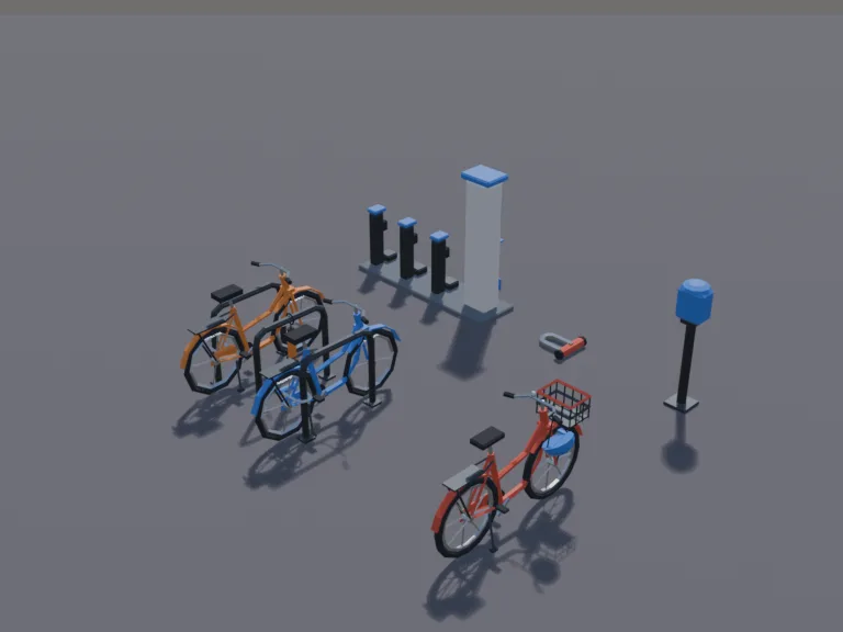 City Bike Props: a set of low-poly city bike props: a city bicycle with a basket, a metal bike rack with two bikes locked to it, a parking meter, a bike lock left on the…