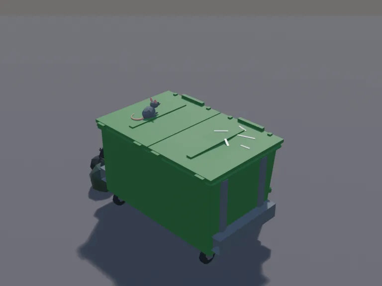 City Dumpster: a low-poly city dumpster: wheels at the corners, side pockets for a forklift, a few bulging trash bags piled beside it, a flattened cardboard box leaning against…