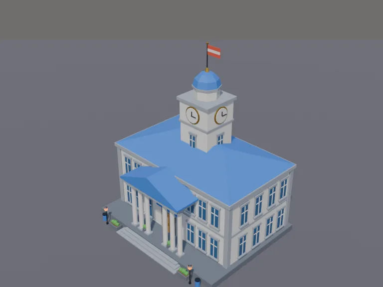 Civic Town Hall: a low-poly town hall: a grand two-storey civic building in pale stone with a central clock tower, columns at the entrance, wide steps, tall windows, a flag on…