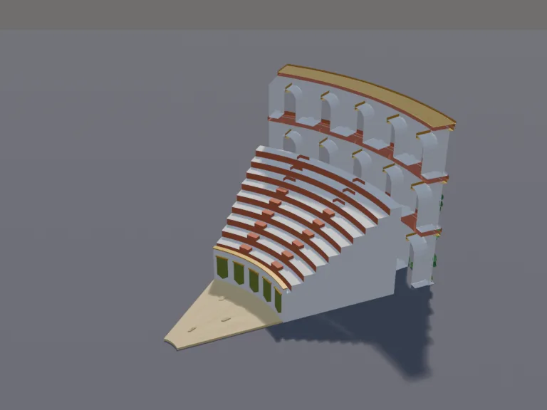 Classical Arena Section: a low-poly arena section: a curved three-level stone arena wall with rows of arches, a section of seating stands behind it, a sandy arena floor piece…