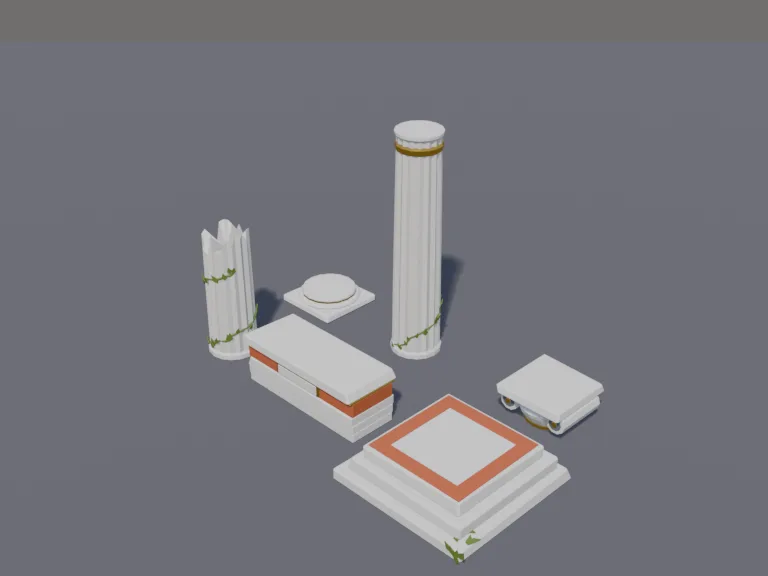 Classical Column Kit: a full fluted column, a broken column, a column base, a carved capital, a lintel beam and a stepped floor block.