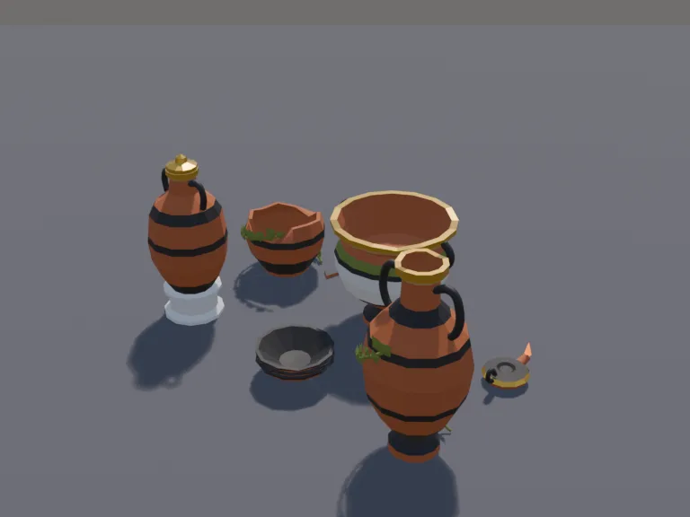 Classical Pottery Set: a low-poly pottery set: two tall amphorae, a wide painted vase, a stack of clay bowls, an oil lamp and a broken pot, painted with simple black and…