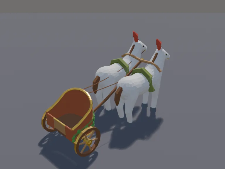 Classical Racing Chariot: a low-poly racing chariot: a curved front, harness poles and two chunky horses with plumes.