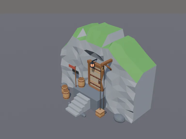 Cliffside Pirate Hideout: a low-poly cliffside hideout: a rocky cliff face with a heavy wooden door set into it that is its own part, iron bands and a lock, a lantern above the…