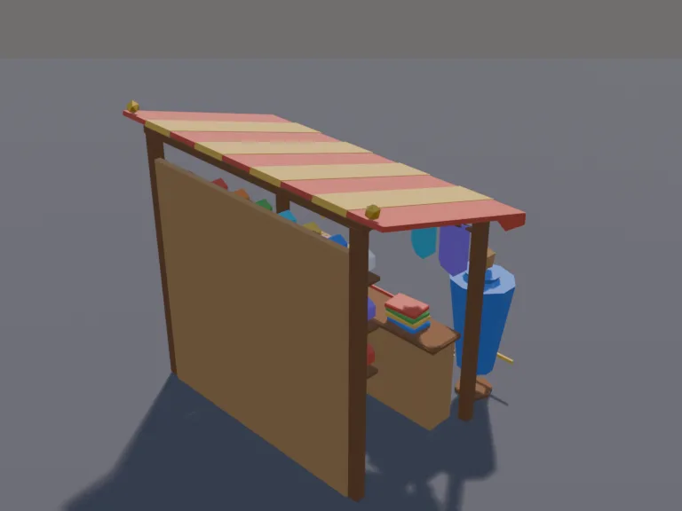 Cloth Merchant Stall: a low-poly medieval cloth merchant's stall: a timber stall with a red and gold awning, bolts of colourful fabric stacked on shelves, draped silks hanging…