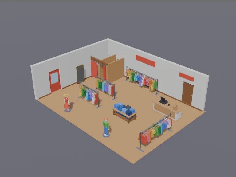 Clothing Boutique Interior: a low-poly clothing boutique interior: rails of colourful clothes on hangers, two mannequins in outfits, a table of folded jeans, a fitting room…