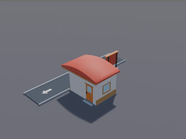 Coffee Drive-Thru Kiosk: a low-poly coffee drive-thru kiosk: a small modern kiosk with a sliding service window on one side, a curved roof, a menu board on a post left blank, a…