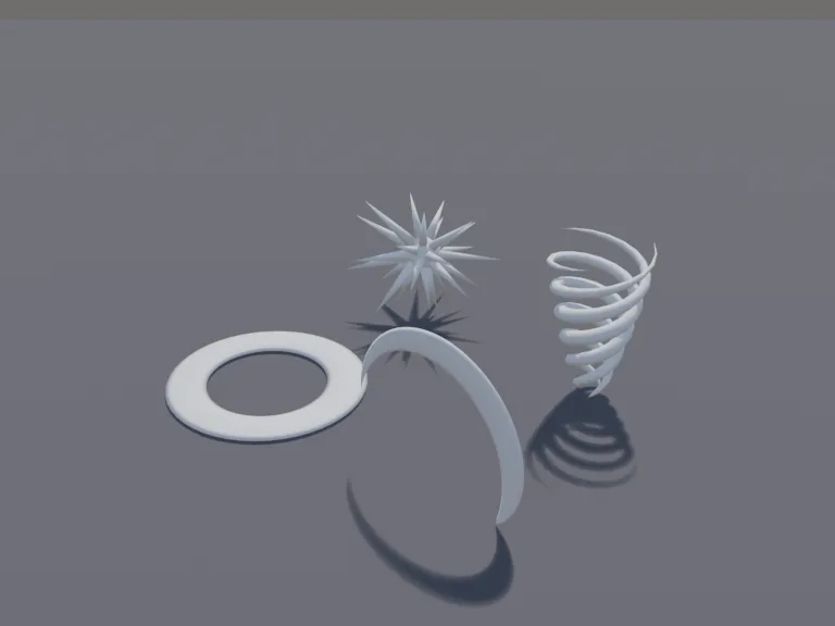 Combat VFX Mesh Set: a set of low-poly VFX meshes for combat effects: a curved sword slash arc, a flat shockwave ring, a twisting energy spiral and a burst of spikes.