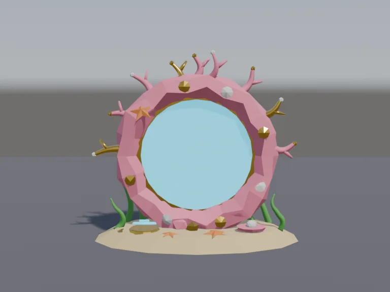 Coral Checkpoint Ring: a low-poly underwater checkpoint ring: an arch made of coral and shells around a glowing blue centre, standing on a sandy base with seaweed.