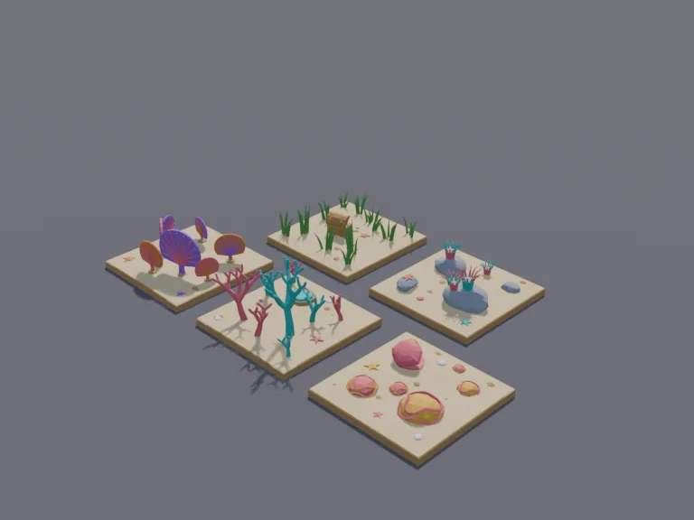 Coral Garden Tile Kit: a low-poly coral garden tile kit that snaps together on a grid: a sandy seabed tile with brain coral, a tile with tall branching coral, a tile with sea…