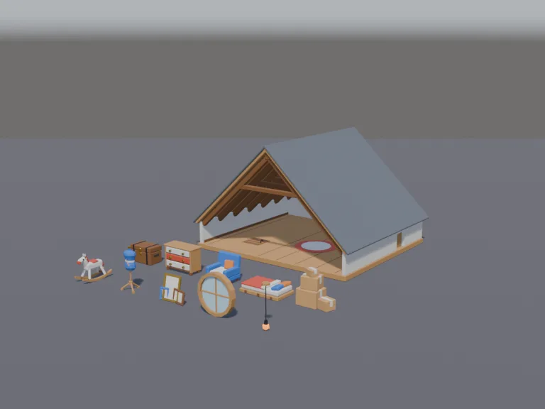 Cosy Attic Storage Set: a low-poly attic storage set: a sloped-roof attic floor piece with exposed beams, stacked cardboard boxes, an old trunk whose lid is its own part, a…