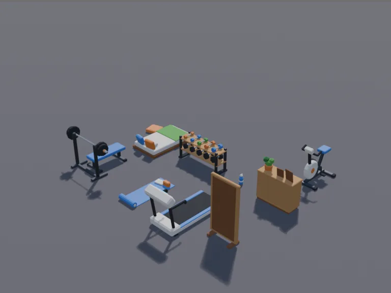Cosy Home Gym Set: a low-poly home gym set: a treadmill, a weight bench with a barbell, a rack of dumbbells, an exercise bike, a yoga mat rolled out on the floor, a wall mirror…