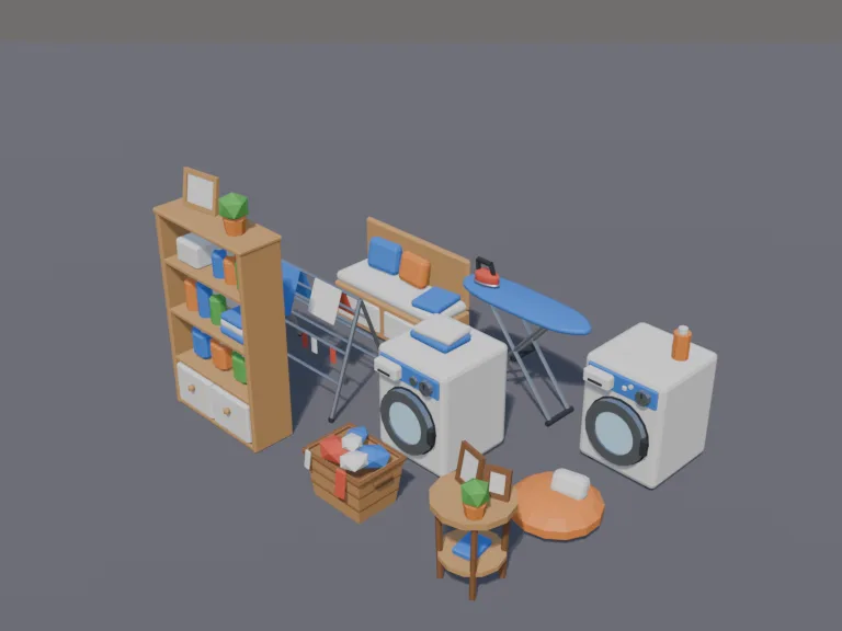 Cosy Laundry Room: a low-poly laundry room set: a front-loading washer and dryer side, a laundry basket full of clothes, an ironing board with an iron, a shelf of detergent…