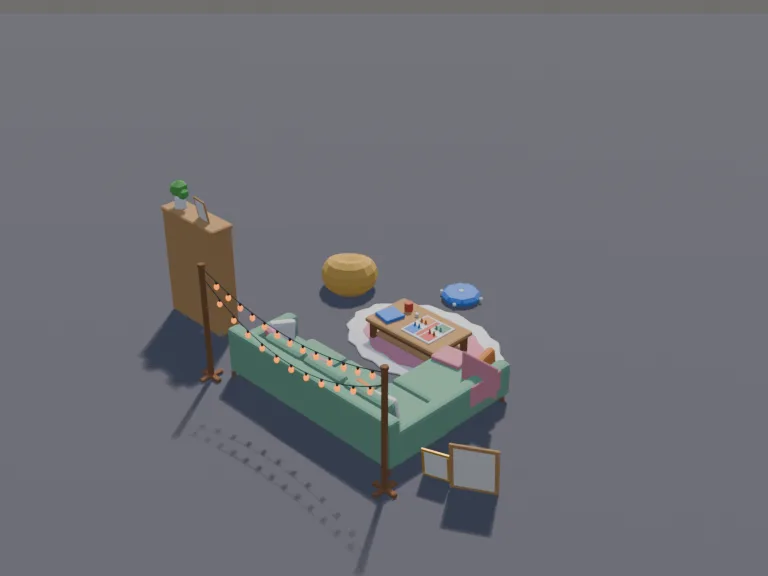 Cosy Loft Lounge: a low-poly cosy loft lounge set: a big sectional sofa with throw pillows, a fluffy rug, a bean bag, string lights, a bookshelf and a floor cushion.