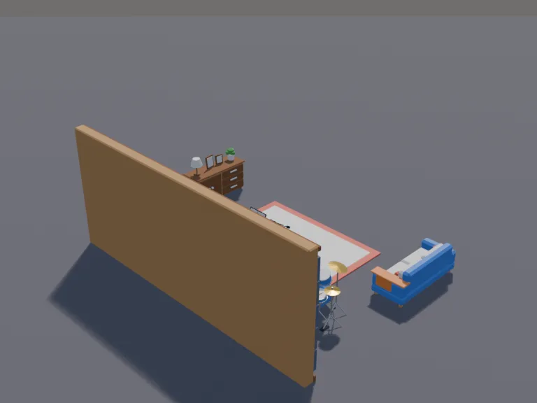 Cosy Music Room: a low-poly music room set: an upright drum kit, an electric guitar on a stand, an amplifier, a keyboard on a stand, a microphone stand, a music stand with…