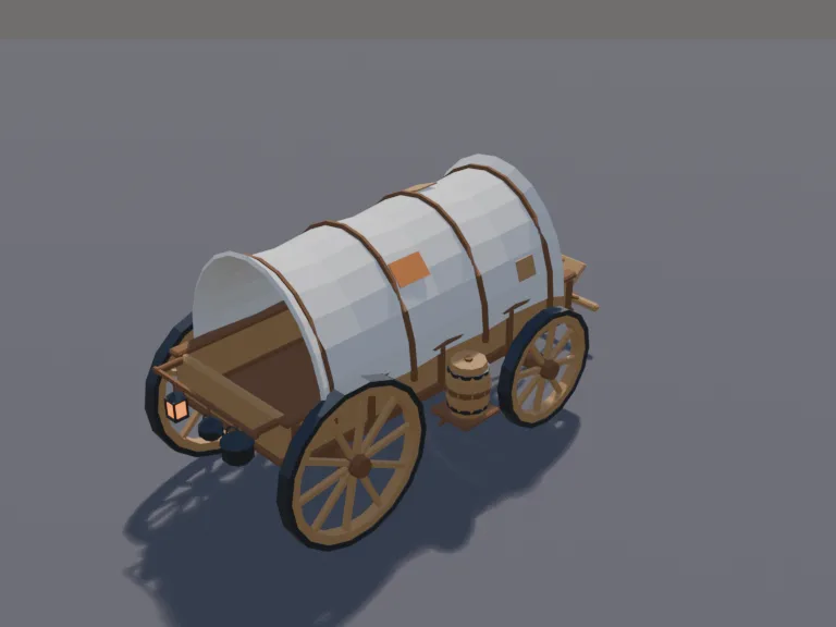 Covered Wagon: a low-poly covered wagon: a long wooden wagon bed with a curved white canvas cover over hoop frames, a driver's bench with reins, a water barrel strapped to the…