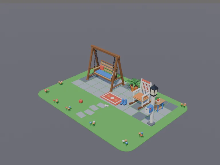 Cozy Front Porch Set: a low-poly front porch set: a wooden porch swing hanging on chains, a rocking chair, a potted fern, a porch light on a post and a small side table with a cup.