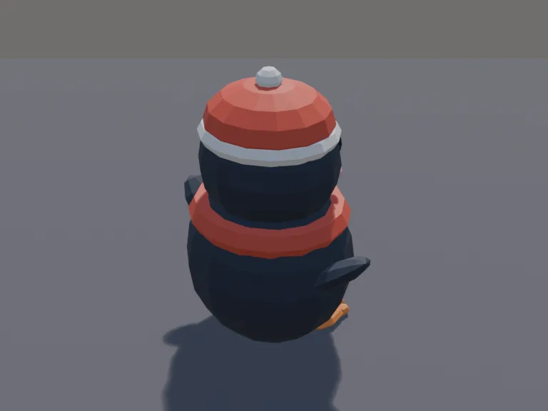 Cozy Penguin Pet: a cute chunky low-poly penguin pet: a round black and white body, a big head with shiny eyes and an orange beak, small flippers held out to the sides, orange…