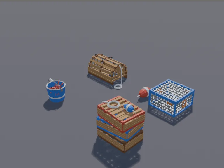 Crab Trap Set: a low-poly crab trap set: a wire mesh crab pot with a red buoy on its rope, a wooden lobster trap with slats, a stack of three traps and a bucket of crabs.