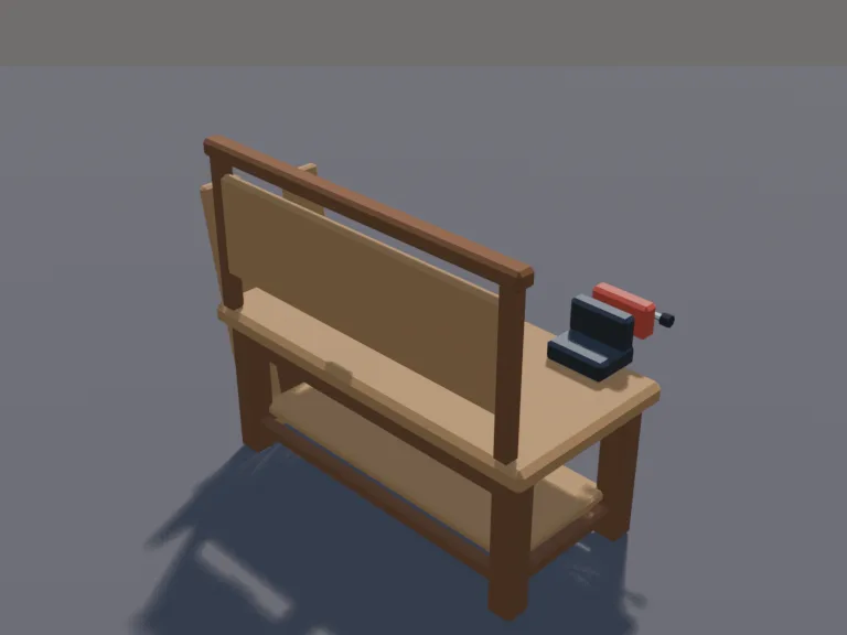 Crafting Workbench: a low-poly crafting workbench: a sturdy wooden table with a vise, a saw, a hammer and nails on top, planks leaning on one side, a tool rack along the back…