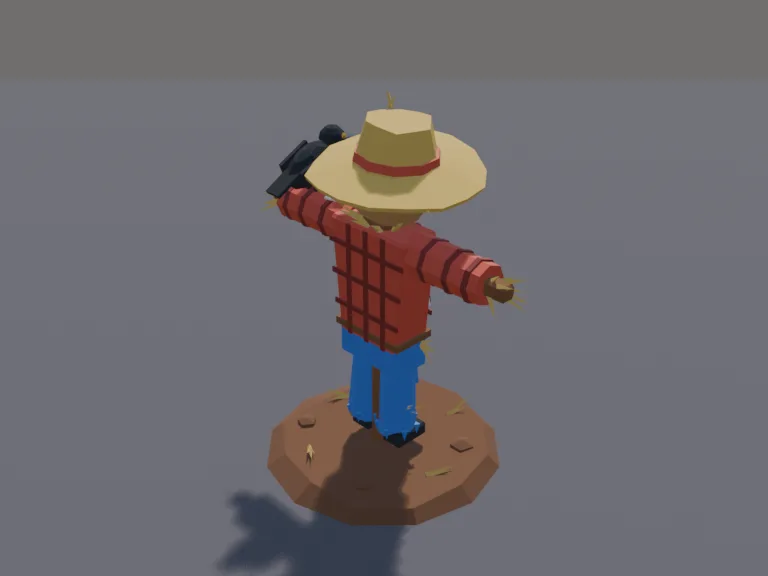 Creepy Scarecrow: a low-poly creepy scarecrow on a wooden post: a burlap sack head with a stitched grin and button eyes, a floppy straw hat, a patched plaid shirt with straw…