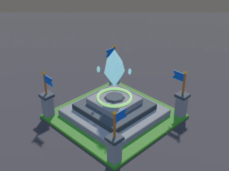 Crystal Base Core: a low-poly base core to defend: a large glowing blue crystal floating above a stone pedestal with three steps, ringed by four small pillars with flags, and a…