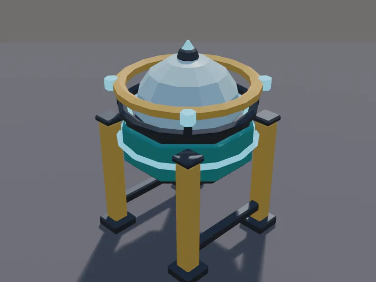 Crystal Dropper: a low-poly crystal dropper: a sci-fi machine with a glass dome full of glowing blue crystals, a spinning ring around the dome, a nozzle underneath dropping cut…