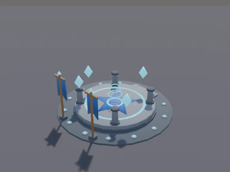 Crystal Spawn Platform: a low-poly spawn platform: a wide round stone pad with a glowing circular inlay and a simple star pattern, four short pillars around its edge topped…