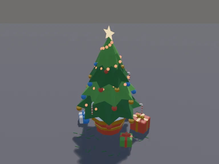 Decorated Christmas Tree: a low-poly decorated Christmas tree: a full, layered fir in a red and gold pot, a glowing gold star on top, strings of warm lights spiralling around…