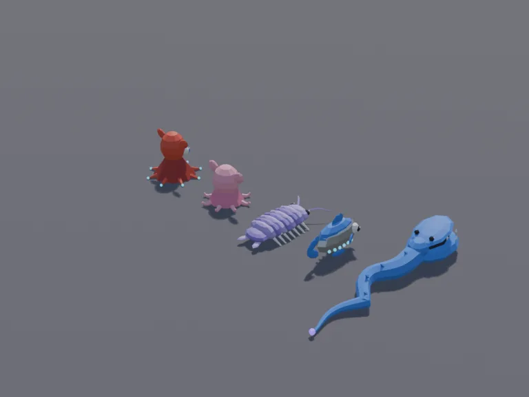 Deep Sea Creatures: a set of five low-poly deep-sea creatures: a gulper eel with a huge mouth, a small lanternfish with glowing dots, a giant isopod with armoured plates, a red…