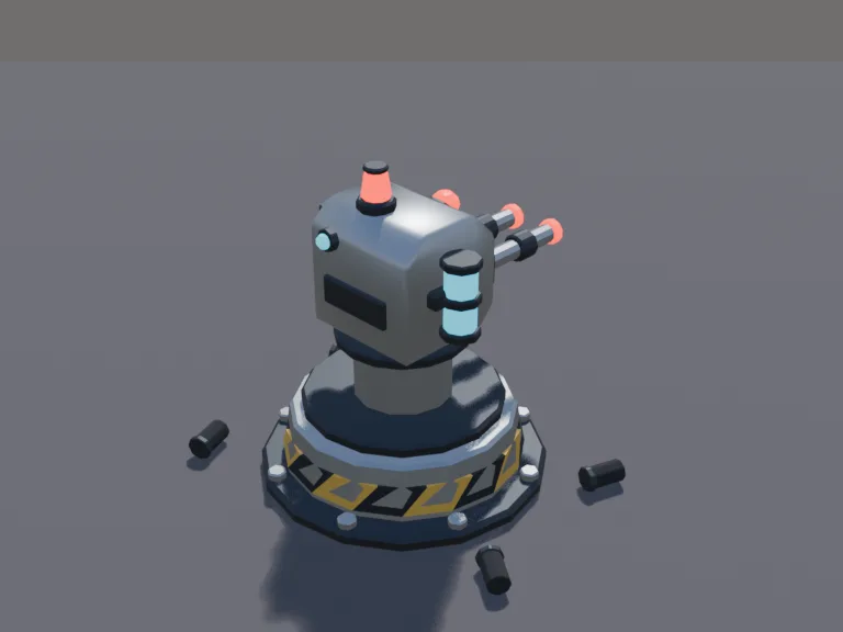 Defence Laser Turret: a low-poly defence laser turret: a round armoured base bolted to the floor, a rotating head that is its own part so it can turn, twin laser barrels with…