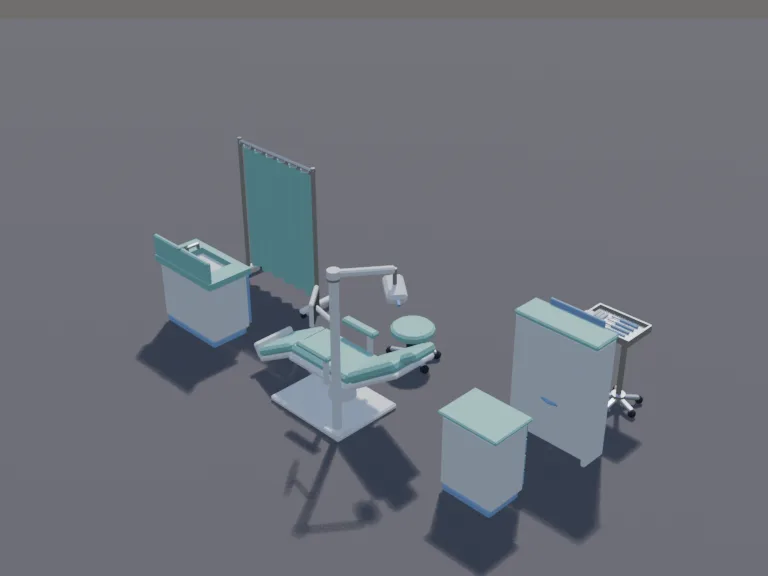 Dentist Office Set: a low-poly dentist office set: a reclining dentist chair with a swing-out light, a tray of tools, a small sink, a rolling stool, a cabinet with drawers and…
