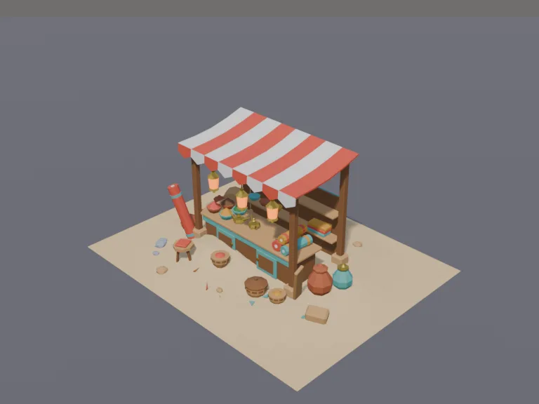 Desert Bazaar Stall: a low-poly desert bazaar stall: a wooden stall under a striped cloth canopy with rolled carpets, brass lamps, pots of spices and baskets, a small stool and…