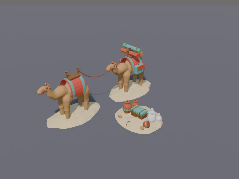 Desert Camel Caravan: a low-poly camel caravan: two chunky camels with saddles and colourful blankets, one carrying bags and rolled carpets, a lead rope between them and a…