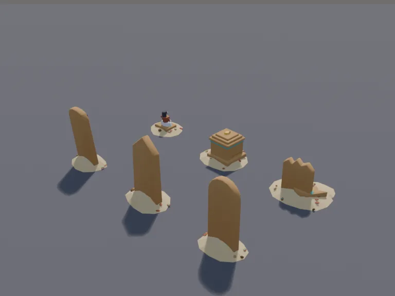 Desert Carved Tablets: a low-poly carved stone tablet set: three tall stone tablets carved with picture symbols, a broken tablet, a stone plinth and a small statue of a seated…