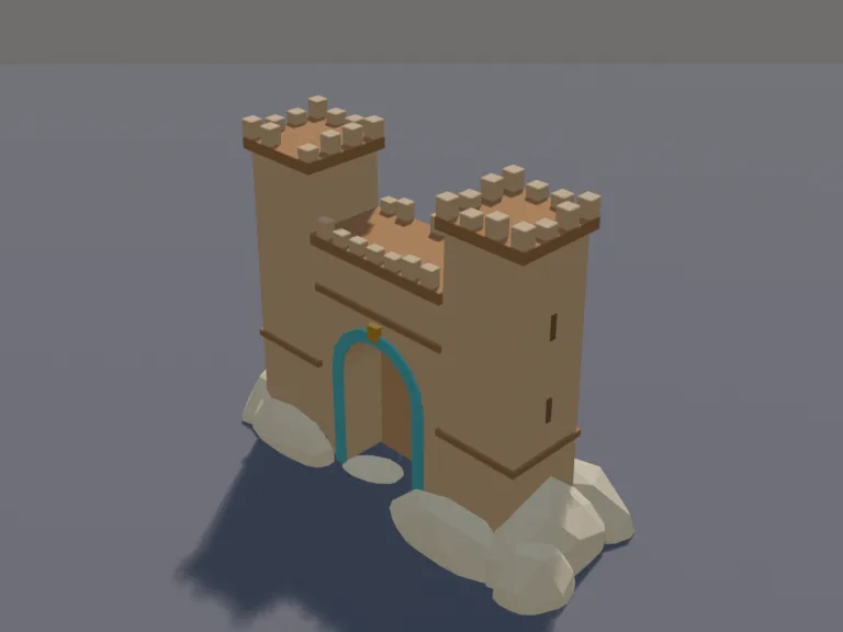 Desert City Gate: a low-poly desert city gate: a tall sandstone gatehouse with two square towers and battlements, a big wooden gate that is its own part, painted banners and a…