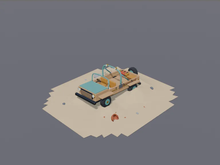 Desert Explorer Truck: a low-poly desert explorer truck: an open-top sand-coloured off-road truck with a roll bar, a spare wheel and fuel cans on the back, a shovel strapped to…