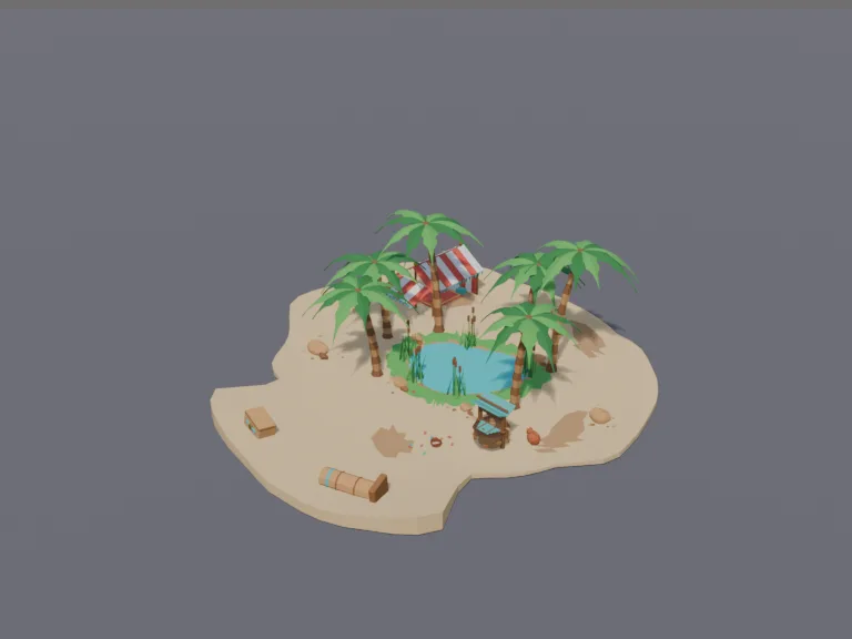 Desert Oasis Camp: a low-poly desert oasis: a small turquoise pool surrounded by date palms, reeds and rocks, a stone well, a camel resting nearby and a striped canopy tent.