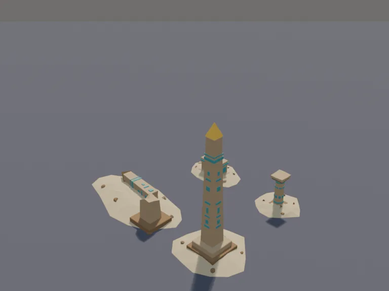 Desert Obelisk Set: a low-poly obelisk set: a tall sandstone obelisk with a gold tip, a broken obelisk lying in the sand, a short carved stone pillar and a stone altar block.
