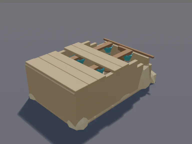 Desert Temple Hall: a low-poly desert temple hall: a row of thick painted columns with lotus-shaped tops holding up a roof section, a seated statue at the far end, a stone…