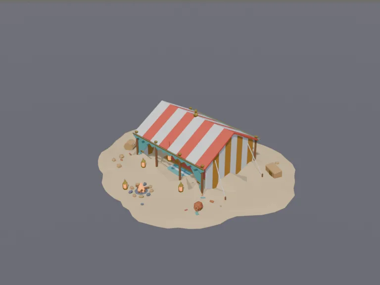 Desert Tent Camp: a low-poly desert tent camp: a large striped desert tent with an open front, rugs and cushions inside, a brass teapot on a low table, lanterns and a ring of…