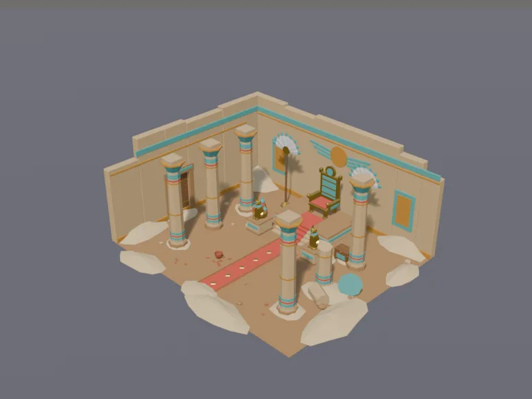 Desert Throne Room: a low-poly royal throne room: a golden throne on a raised platform with steps, two tall standing feather fans, gold cat statues on either side, painted…