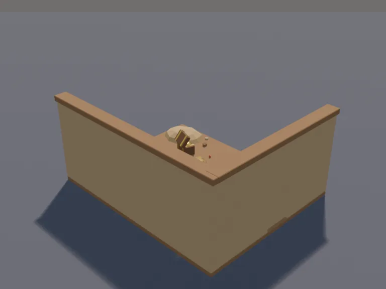 Desert Treasure Vault: a low-poly treasure vault: a stone chamber floor with heaps of gold, golden statues, golden urns, a golden throne and scattered jewels, lit by two oil…