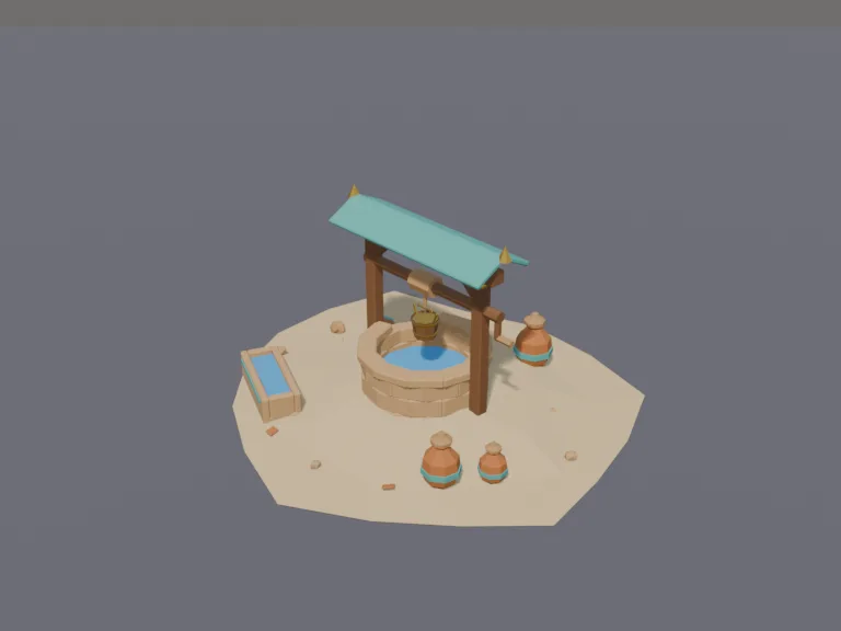 Desert Well: a low-poly desert well: a round stone well with a wooden frame, clay water jars around it and a small stone trough.