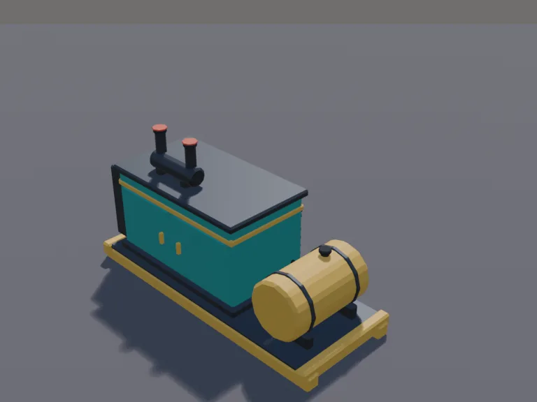 Diesel Power Generator: a low-poly power generator: a big boxy diesel generator on a skid with exhaust pipes, a fuel tank, a control panel with dials and a lever, thick cables…