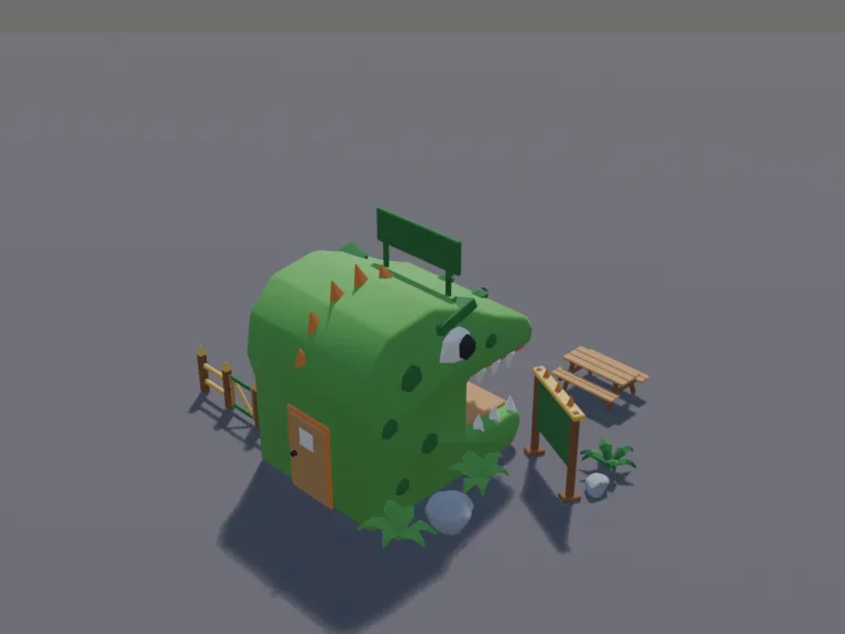 Dino Head Snack Kiosk: a low-poly park snack kiosk: a kiosk shaped like a dinosaur head with its open mouth as the serving window, a menu board left blank, drink coolers,…