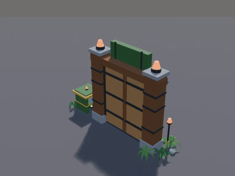 Dino Paddock Gate: a low-poly paddock gate: a control booth beside it, warning lamps and hazard stripes, and claw scratches on the doors.