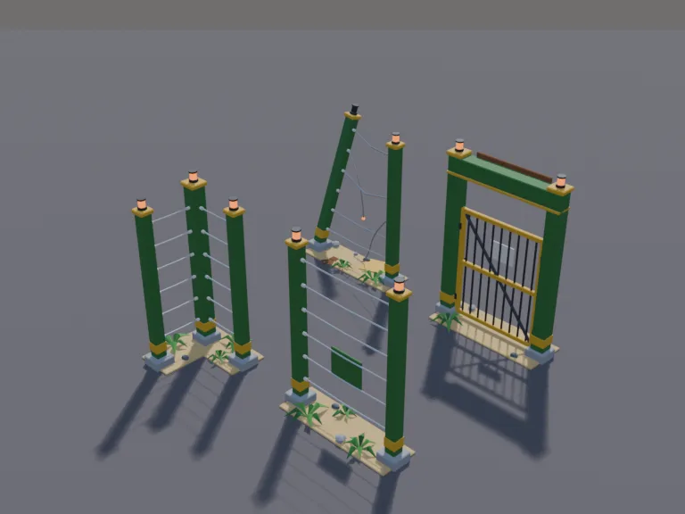 Dino Park Fence Kit: a low-poly park fence kit that snaps together on a grid: a tall straight electric fence section with posts and warning lamps, a corner section, a gate…