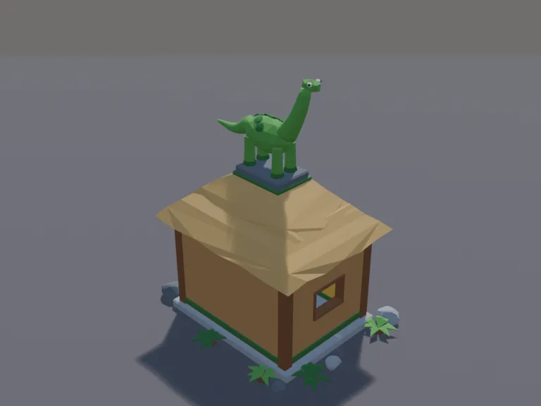 Dino Park Gift Shop: a low-poly park gift shop: a small hut with a thatched roof, shelves of plush dinosaurs and toys, a rack of hats, a counter with a register and a big…